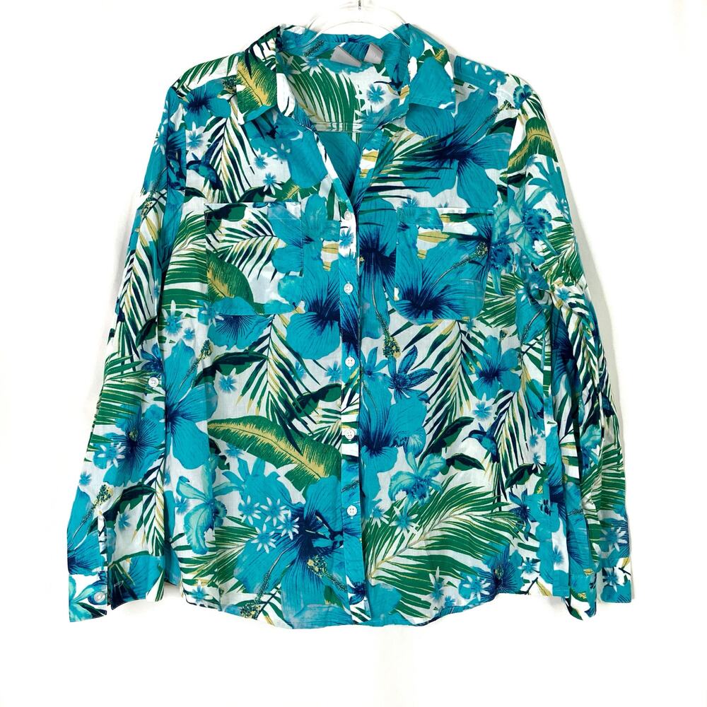 Chico's Blue Tropical 100% Cotton Button Up Shirt Long Sleeve Lightweight Large